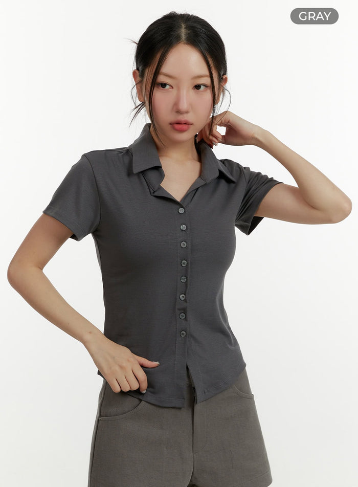 slim-fit-collar-buttoned-top-cy408 / Gray
