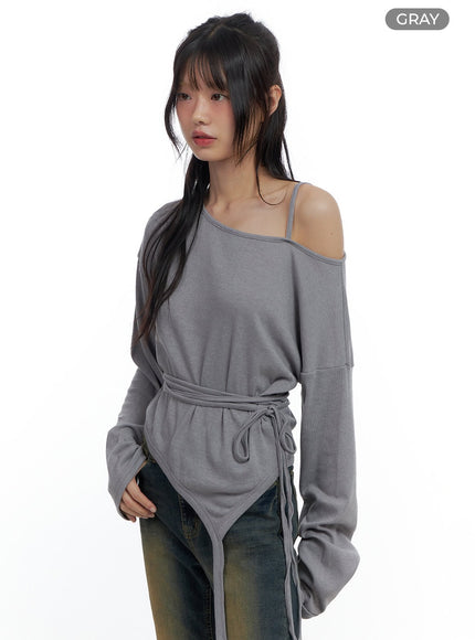 one-shoulder-unbalanced-strap-t-shirt-cs419 / Gray