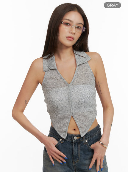 v-neck-collar-sleeveless-top-cy424 / Gray