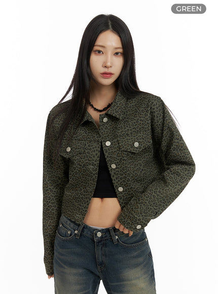 leopard-buttoned-crop-jacket-cf429 / Green