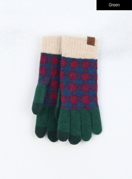 color-block-plaid-knit-gloves-in317 / Green