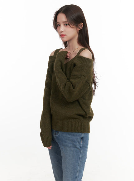 off-shoulder-v-neck-sweater-with-straps-cj515 / Green