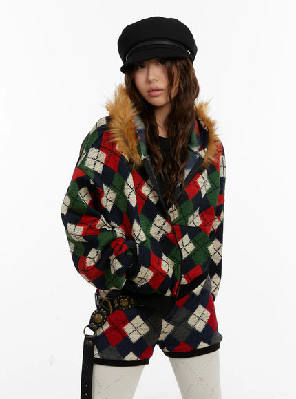 argyle-faux-fur-trim-zip-up-hoodie-cd512 / Green