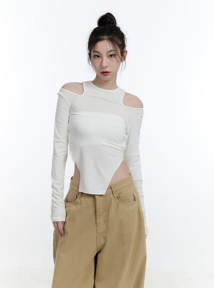 shoulder-cut-out-crop-top-cj521 / Light beige