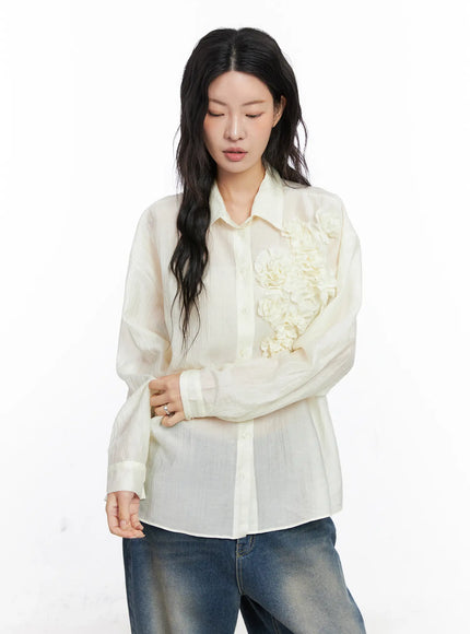 oversized-floral-frill-chiffon-blouse-co507 / Light beige