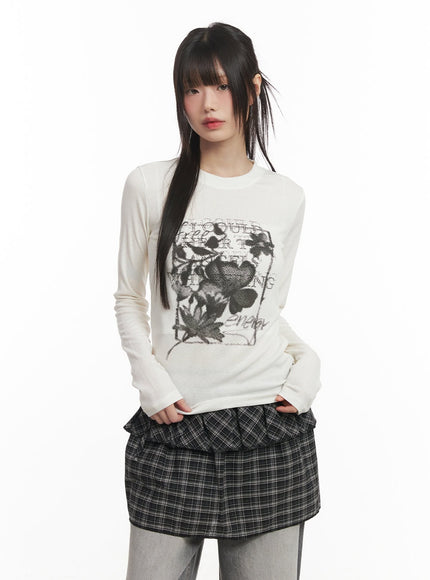 flower-graphic-long-sleeve-top-cf519 / White