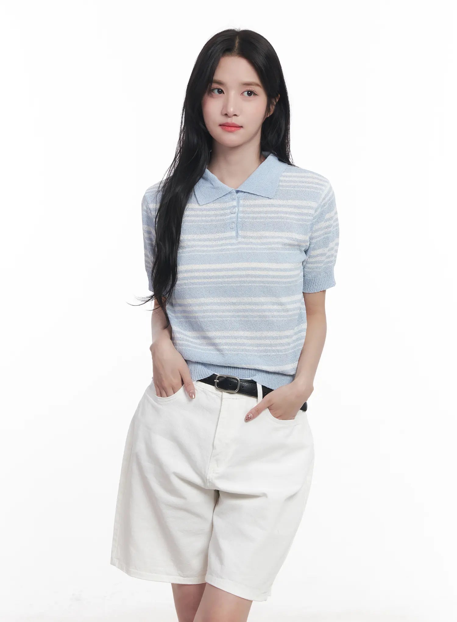 striped-collared-short-sleeve-sweater-cu525 / Light blue