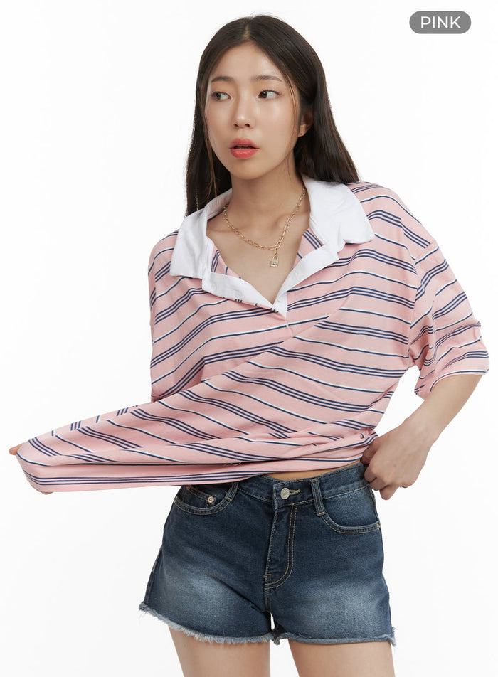 oversized-stripe-polo-top-cy416 / Pink