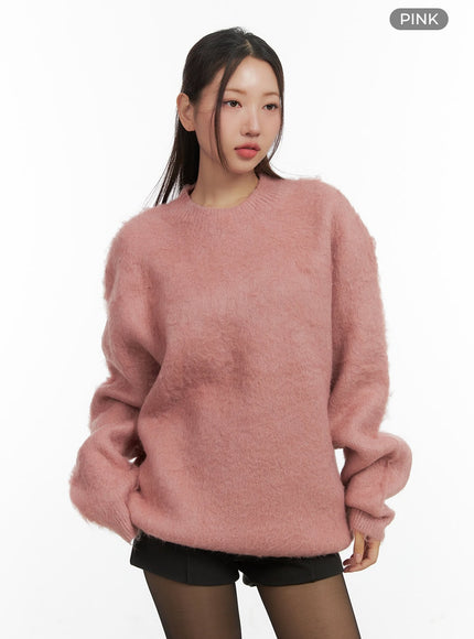 solid-knit-round-neck-sweater-co417 / Pink