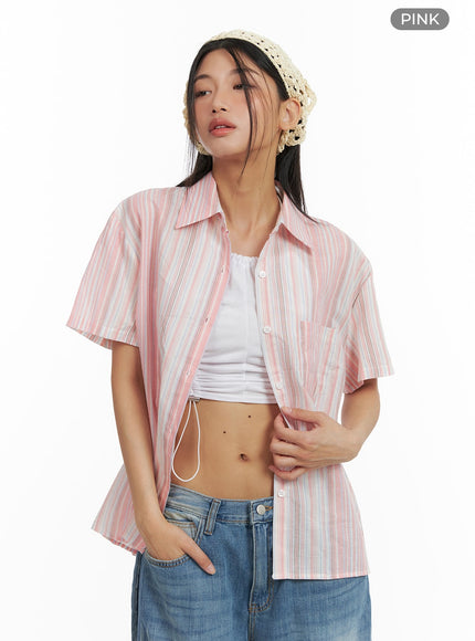 stripe-buttoned-oversized-shirt-ca423 / Pink