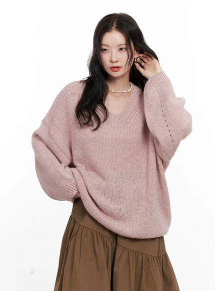 oversized-v-neck-knit-sweater-co530 / Pink