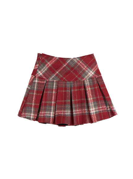 checkered-pleated-mini-skirt-cd419 / Red