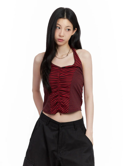 ruched-striped-halter-top-cu530 / Red