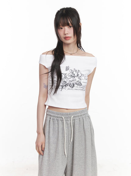 graphic-print-off-shoulder-crop-top-cy520 / White