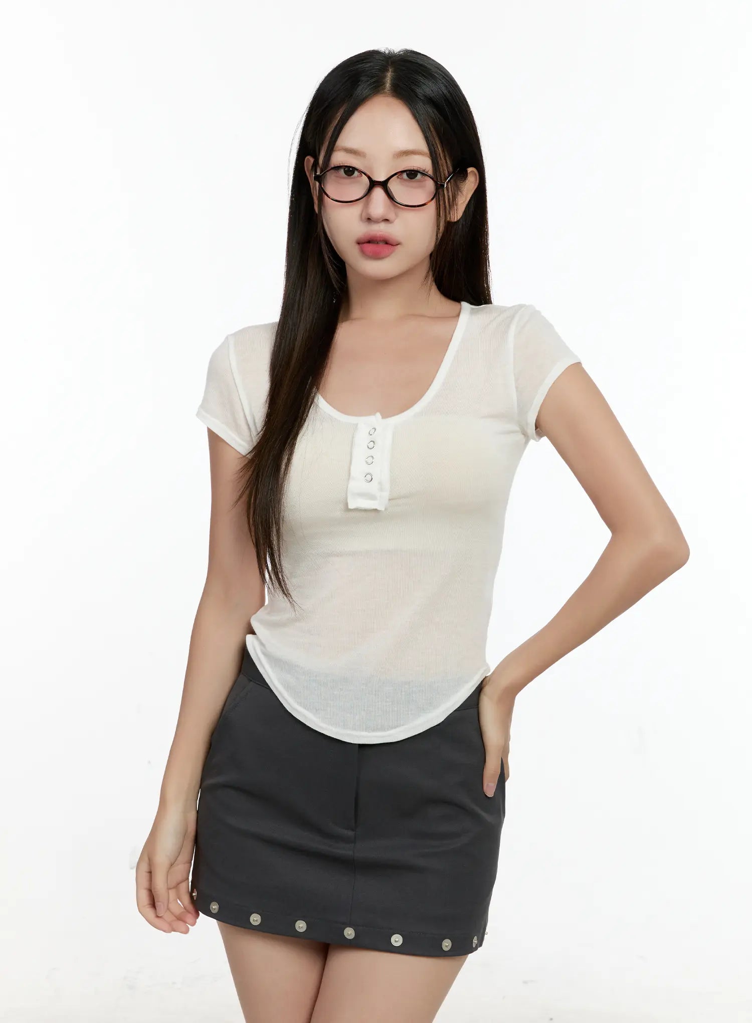 sheer-short-sleeve-snap-top-cg501 / White