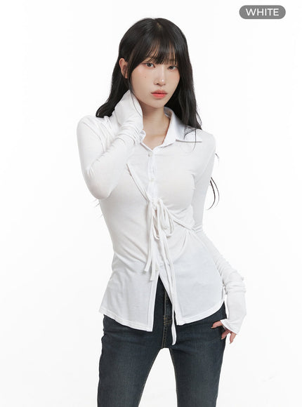 long-sleeve-slim-tie-collar-top-cg421 / White