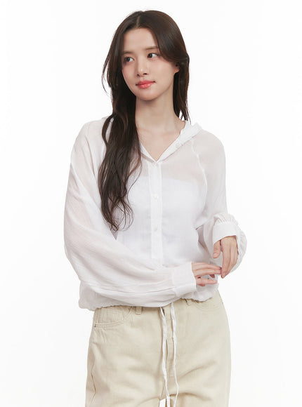 sheer-hooded-button-up-blouse-cj515 / White