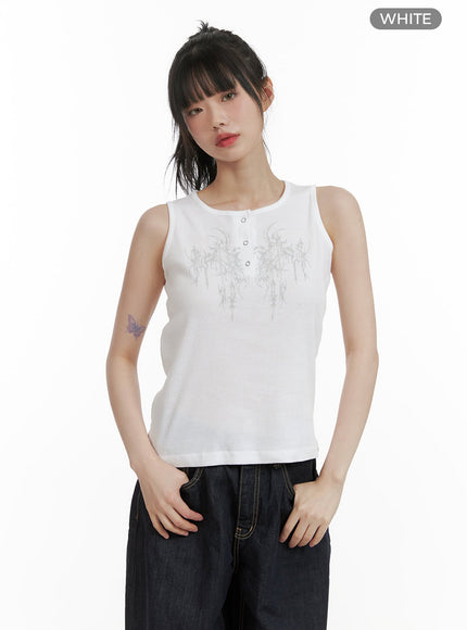 graphic-mid-buttoned-cotton-tank-top-cu410 / White