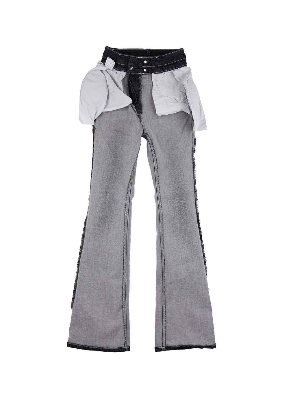 Gigi Two-Button Slim Bootcut Jeans CG421 in black, inside-out flat lay showing interior lining, waistband construction, raw denim selvedge edges, and bootcut flare leg structure.