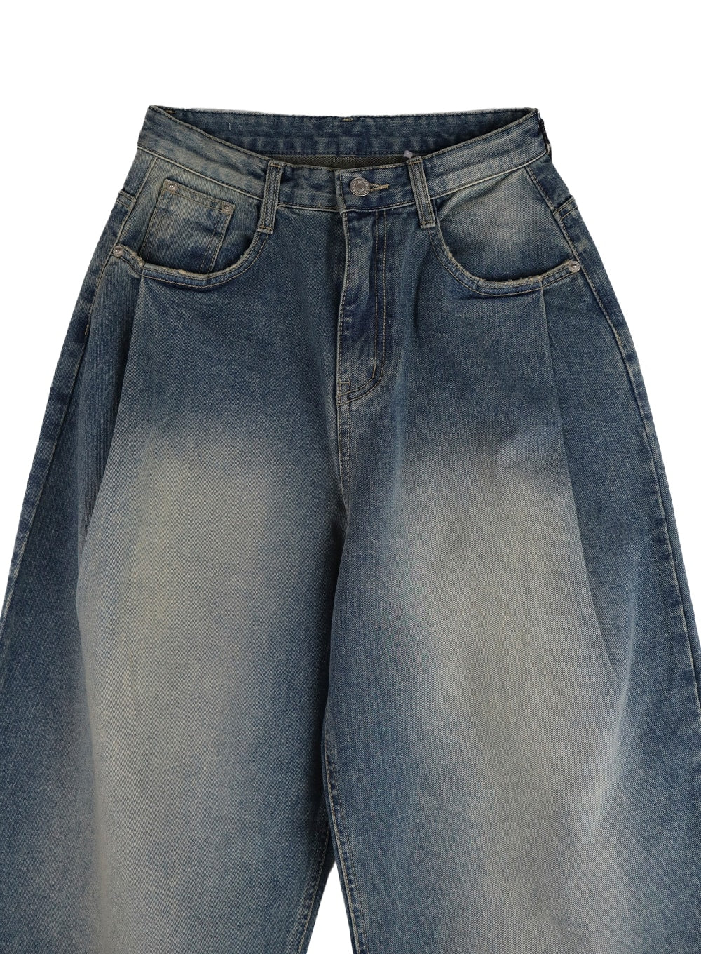 Wide Leg Baggy Jeans CM405 in dark blue vintage wash, flat product close-up of waistband and upper leg, highlighting pintuck pleats, front pockets, and faded wash gradient.