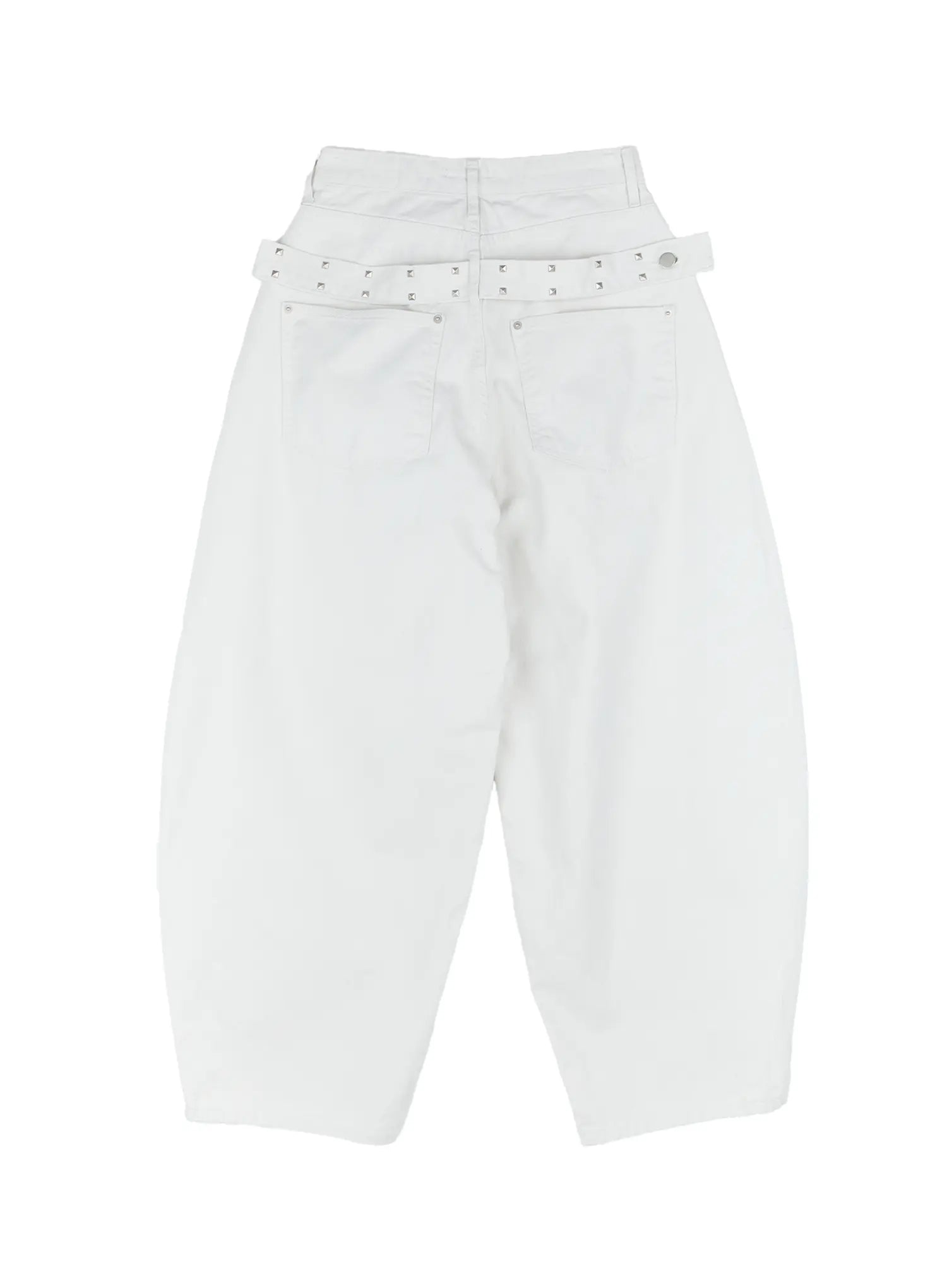 Nana Studded Belt Balloon Jeans CS512 in white, flat back product shot, silver square-stud belt across waistband, balloon silhouette with wide leg and back pockets clearly shown.