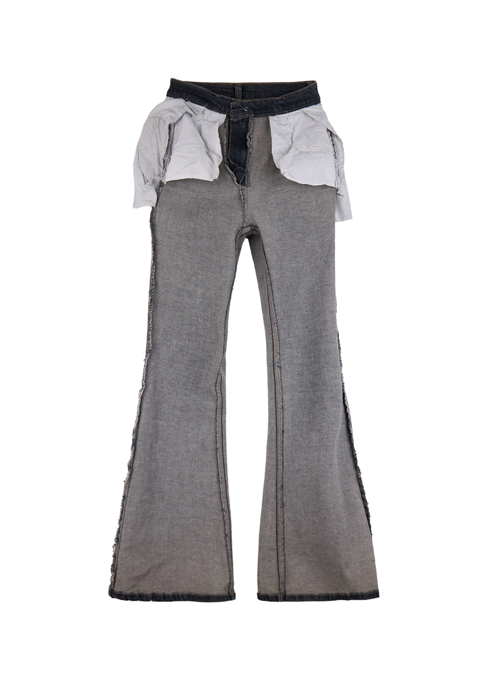 Zadie Slim Washed Denim Bootcut Jeans CG421 in dark blue, inside-out flat lay showing reverse denim fabric texture, raw frayed side seams, and bootcut flare construction detail.
