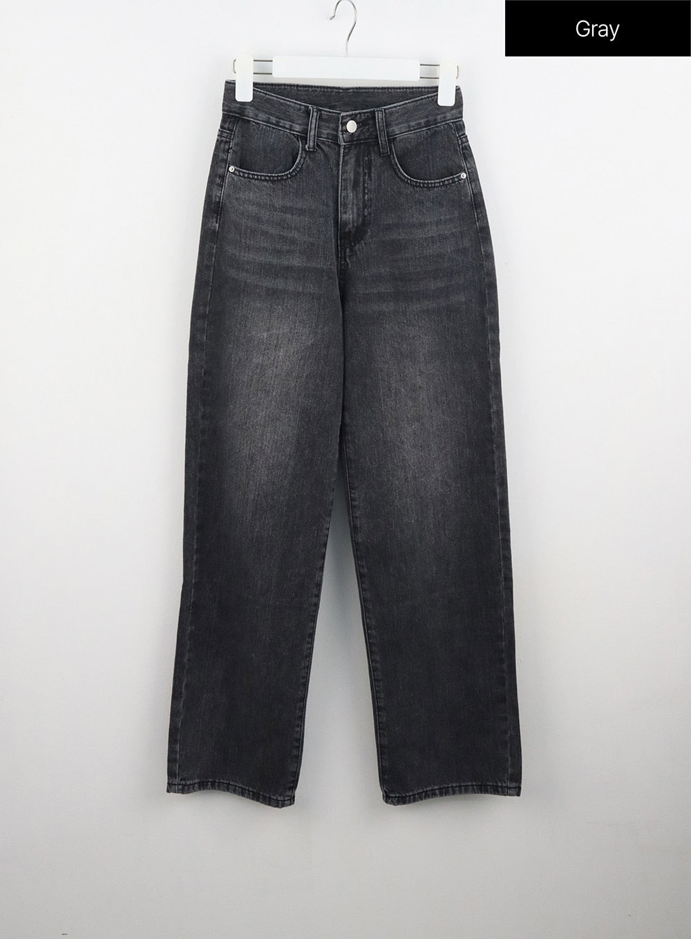 Wide Straight Leg Jeans OL304 in gray, flat hanger front shot, high-rise waist, wide straight-leg silhouette in washed gray denim with faded finish and five-pocket detail.