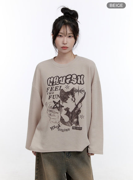 oversized-graphic-long-sleeve-t-shirt-co418 / Beige