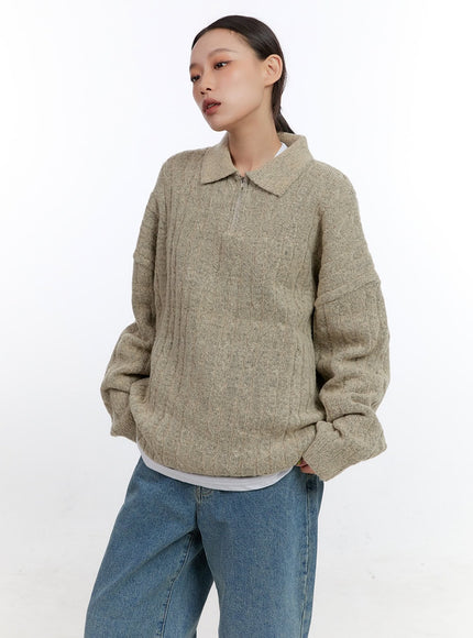 half-zip-cable-knit-sweater-co431 / Beige