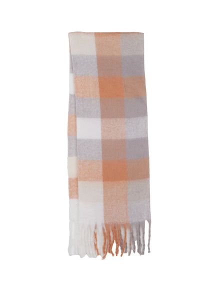 checked-wide-long-scarf-cn513 / Beige