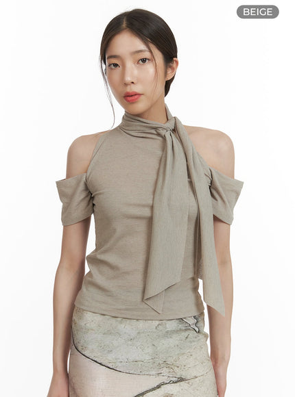 tie-neck-cut-out-shoulder-blouse-cy416 / Beige