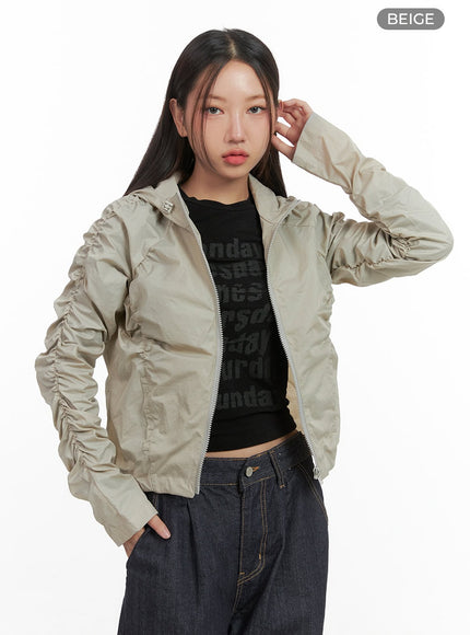 shirred-hooded-nylon-crop-jacket-co402 / Beige