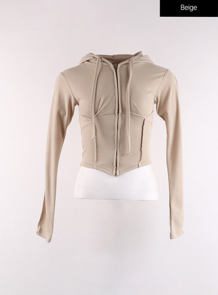 slim-fit-zip-up-crop-hoodie-cf405 / Beige