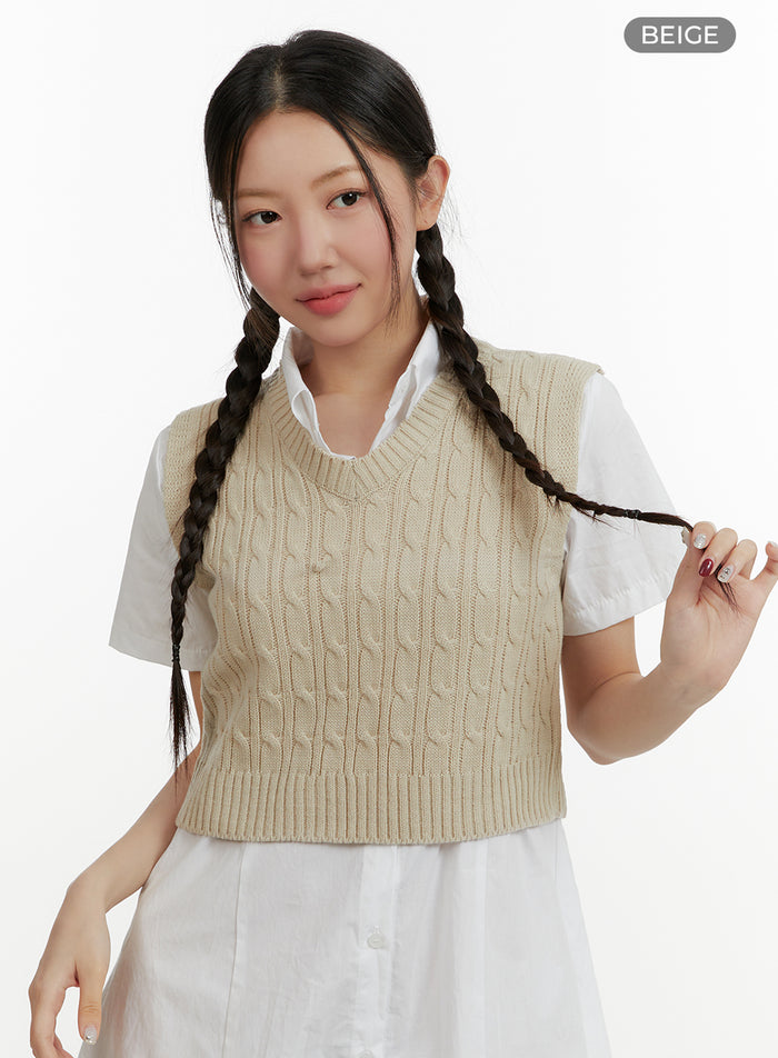 cable-knit-v-neck-vest-oy413 / Beige