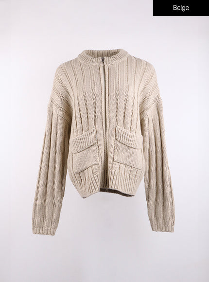 ribbed-pocket-zip-up-knit-sweater-cj422 / Beige