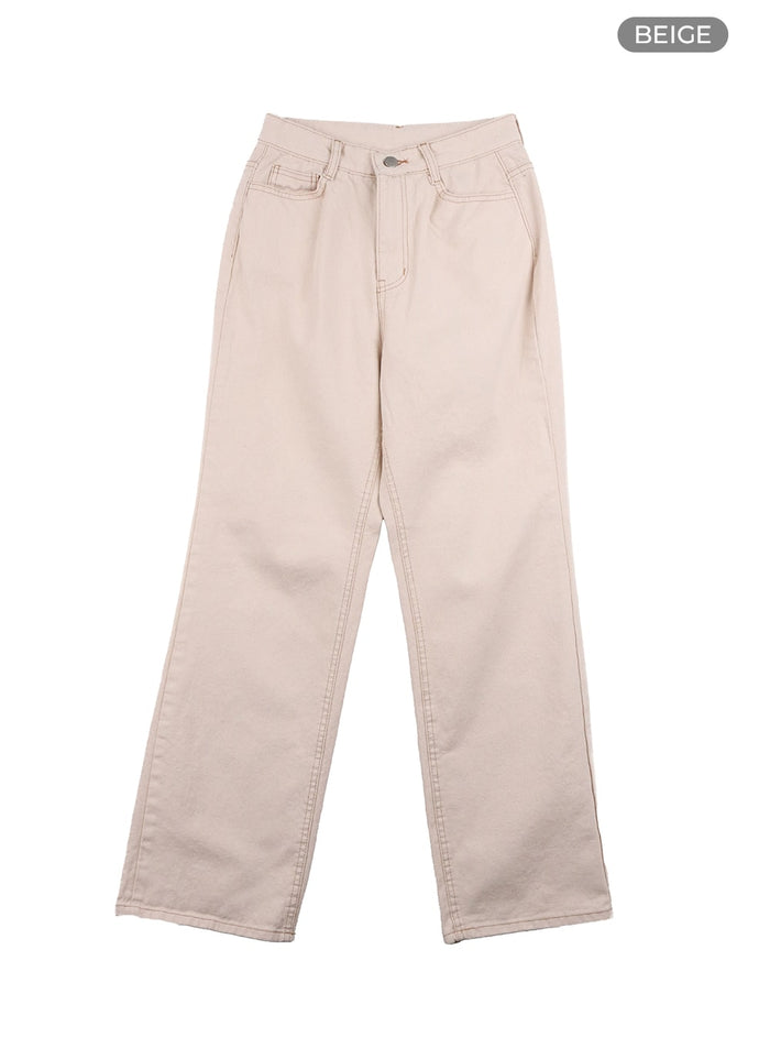 solid-cotton-straight-pants-oa429 / Beige