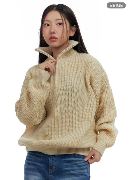 knitted-half-zip-turtle-neck-sweater-cs424 / Beige