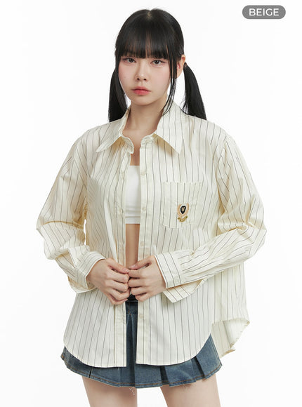 oversized-striped-button-up-long-sleeve-om426 / Beige