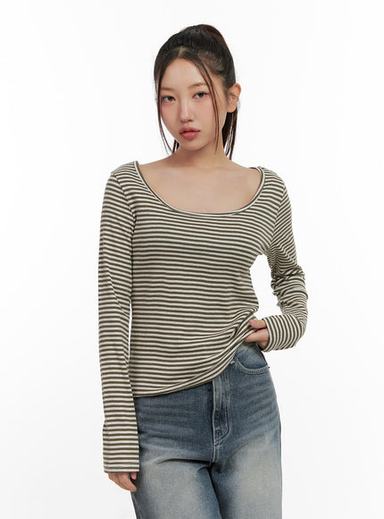 striped-cotton-u-neck-long-sleeve-tee-cn412 / Beige