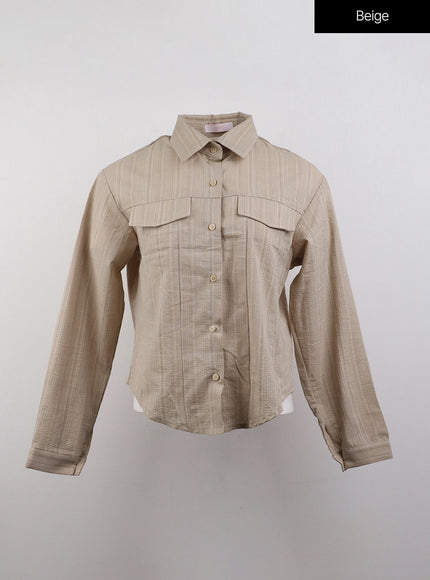 collar-stripe-button-long-sleeve-shirt-cj411 / Beige