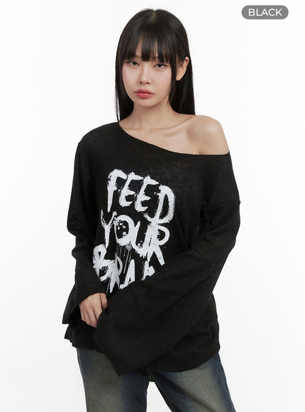 lettered-boat-neck-off-shoulder-knit-os410 / Black