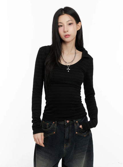 striped-contrast-long-sleeve-top-cs504 / Black