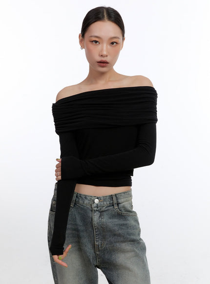 elegant-shirred-off-shoulder-top-cn401 / Black