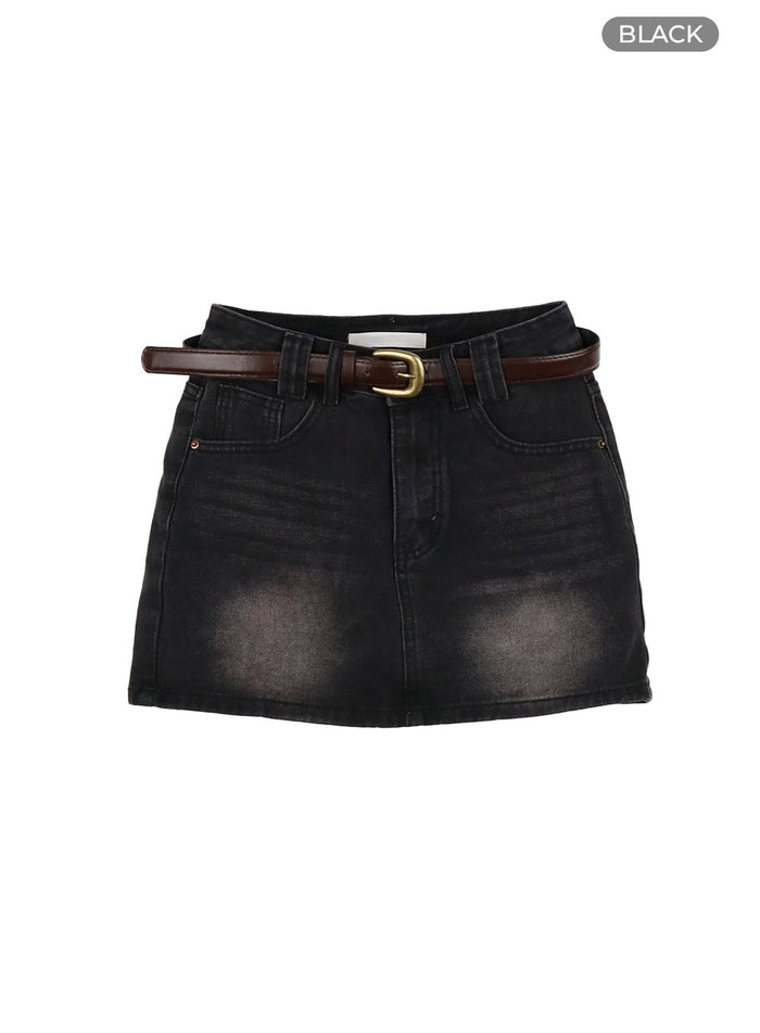 vintage-washed-denim-mini-skirt-with-belt-cy420 / Black