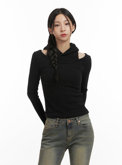 layered-hooded-crop-top-cn428 / Black