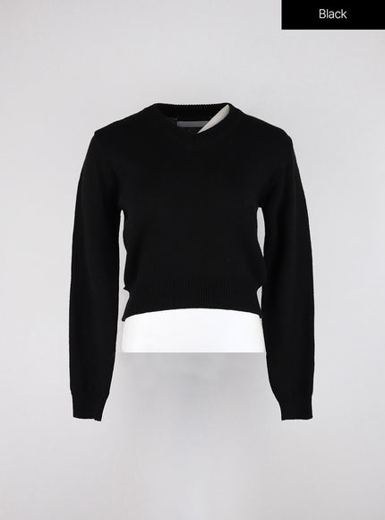 v-neck-knitted-long-sleeve-sweater-od326 / Black