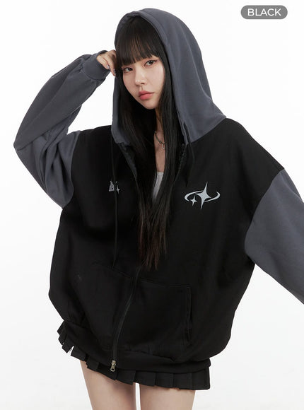 mixed-color-oversized-zip-up-hoodie-oo401 / Black