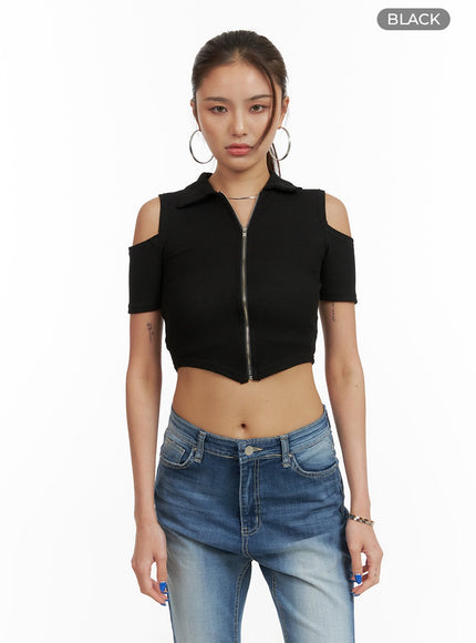 shoulder-cut-out-collar-crop-top-cy431 / Black