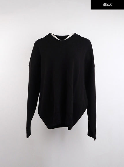 v-neck-knitted-long-sleeve-sweater-oj419 / Black