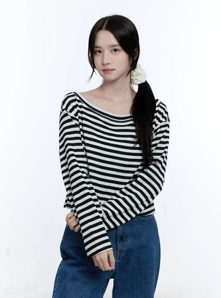 striped-loose-fit-long-sleeve-top-cg514 / Black